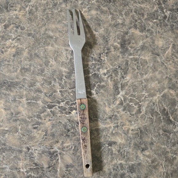 Vernco Granny 3 Prong Tine Meat Serving Fork Wood 9" Stainless - Picture 2 of 5
